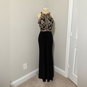 Elegant Black and Beige Lace Evening Gown